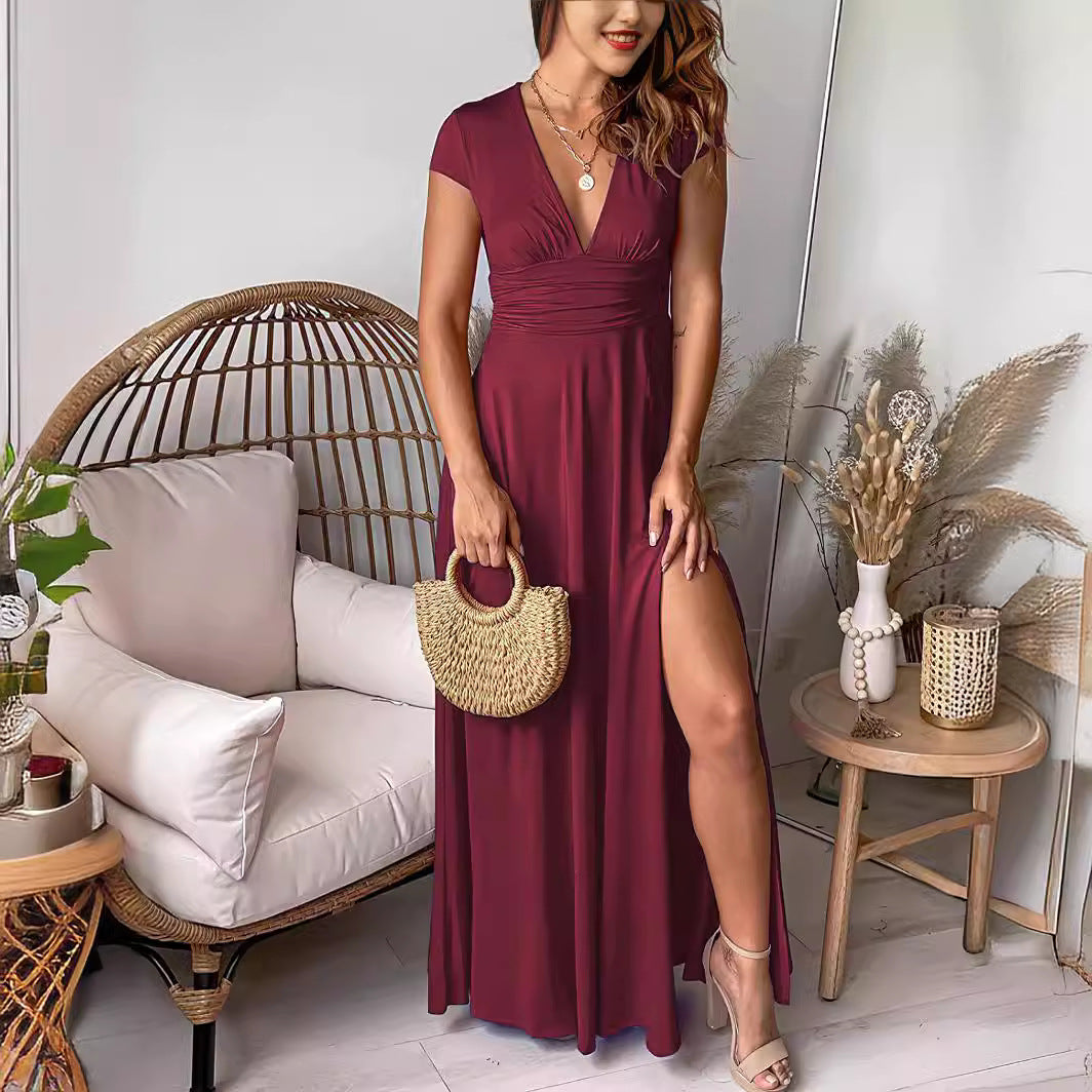 Ladies Elegant Maxi Dress with V-Neck and High Slit Ivyshape