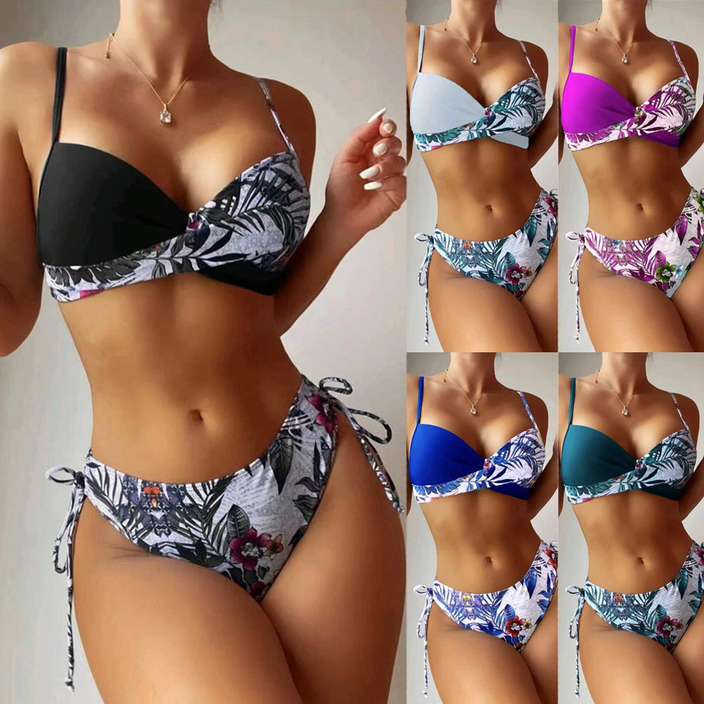 Women Two-Piece Bikini Set with Floral Bottom and Adjustable Straps Ivyshape