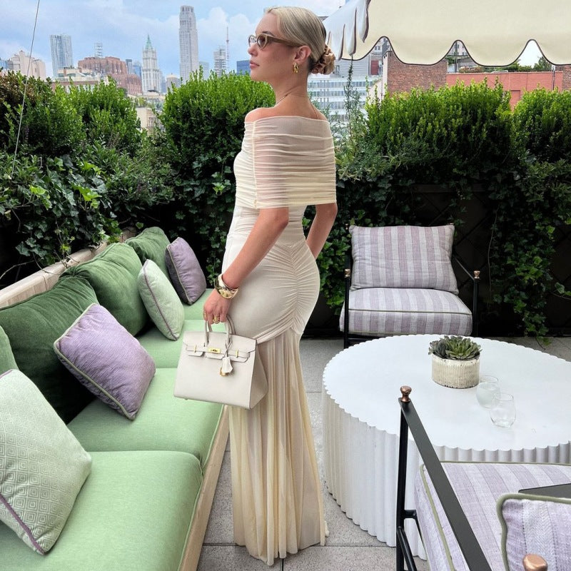 Women Elegant Tailored Maxi Dress with Off-Shoulder Design and Ruffle Details Ivyshape