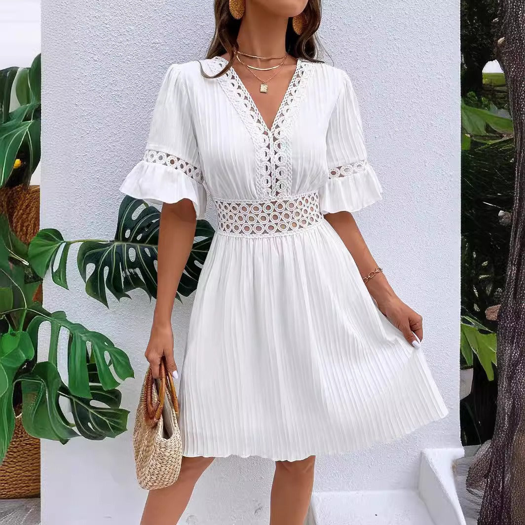 Women Elegant Midi Dress with Unusual V-Neck and Feminine Ruffle Detail Ivyshape