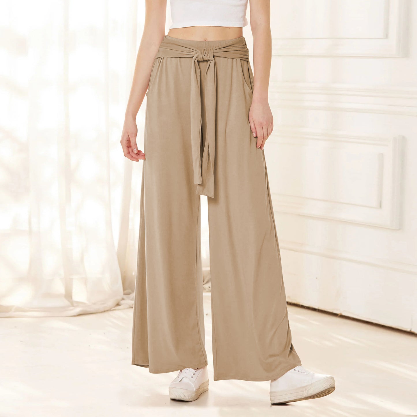 Ladies wide-cut summer pants with high-quality waistband and elegant bow detail Ivyshape