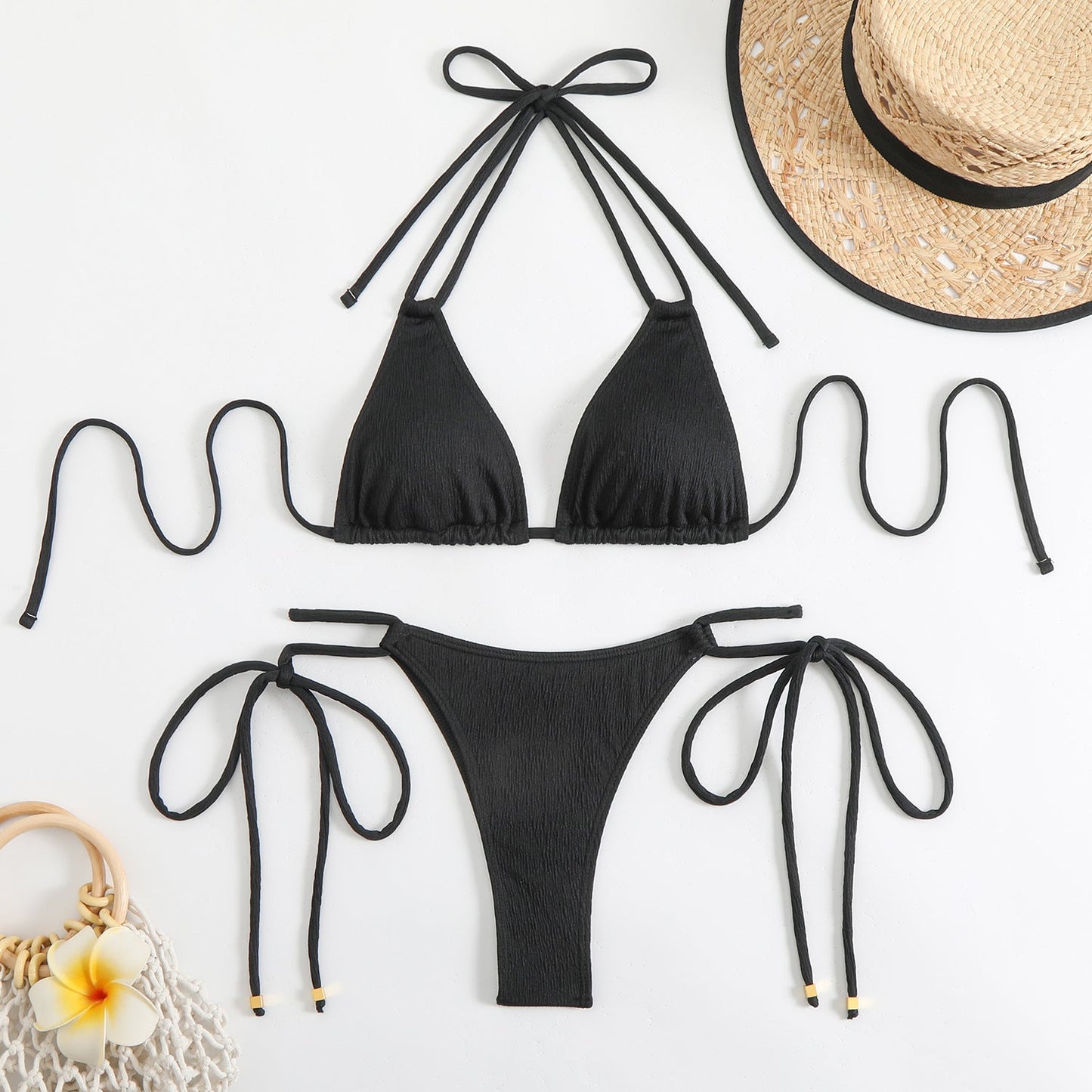 Women's triangle bikini with playful ties and refined textile pattern Ivyshape