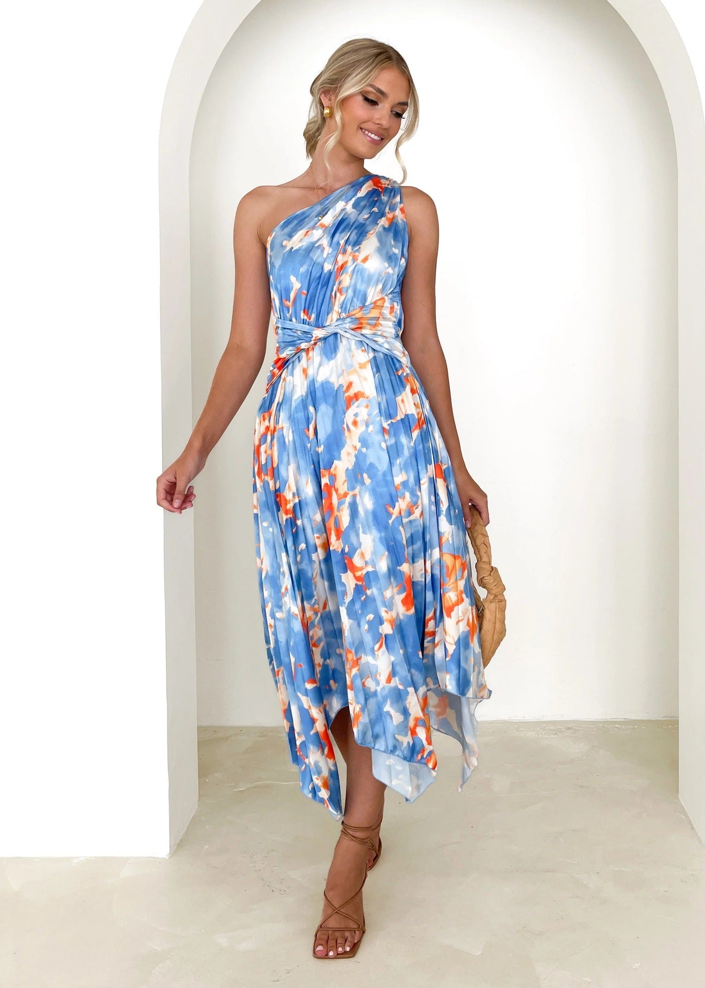 IvyShape | Printed Large Swing Irregular Pleated Long Skirt