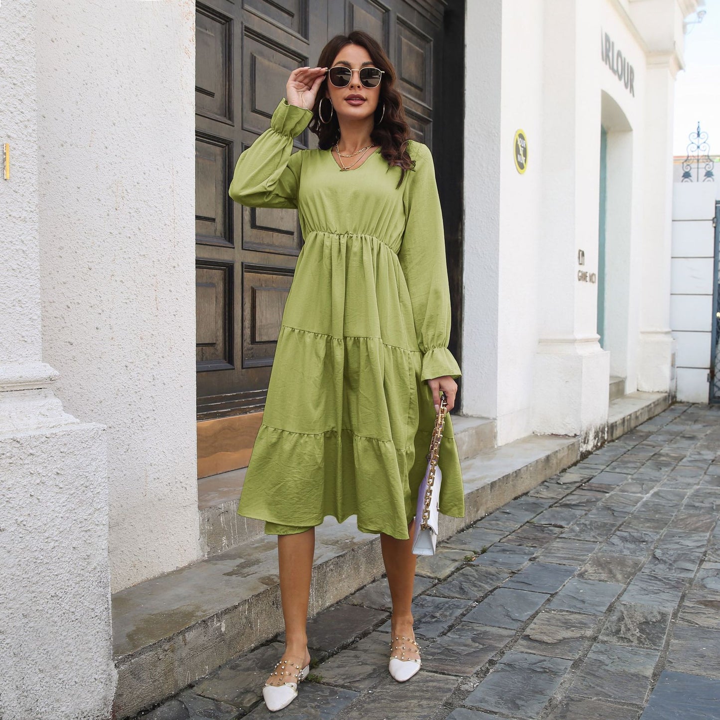 Ladies' midi dress with ruffles and long sleeves Ivyshape