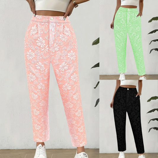 High-waisted women's trousers with floral pattern Ivyshape