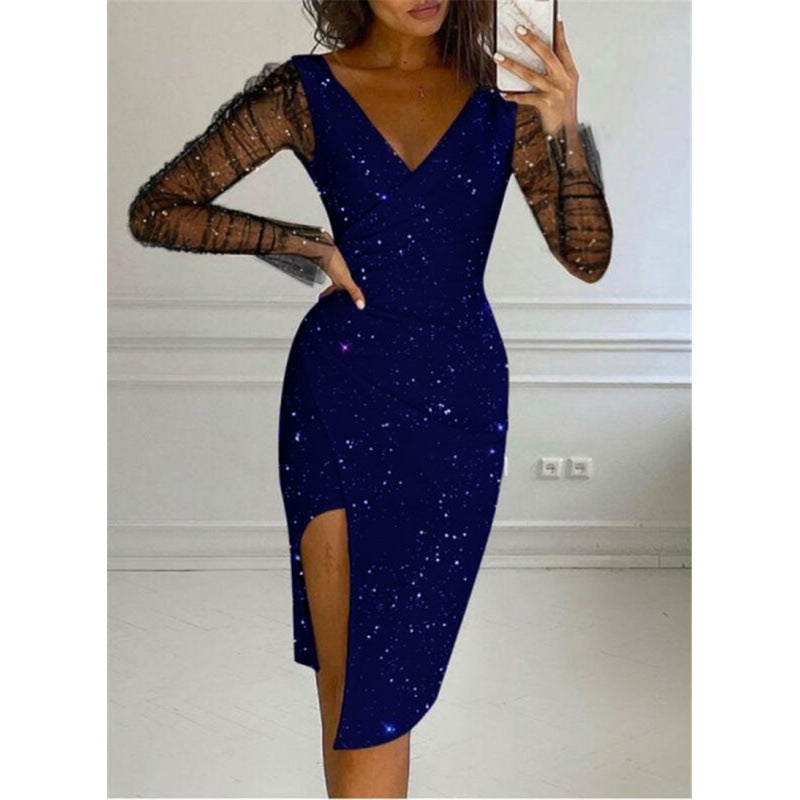 Women Celestial Print Bodycon Midi Dress with Sheer Sleeves Ivyshape