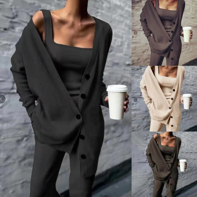 IvyShape | Cozy Knit Three-Piece Coat Vest Pants Set