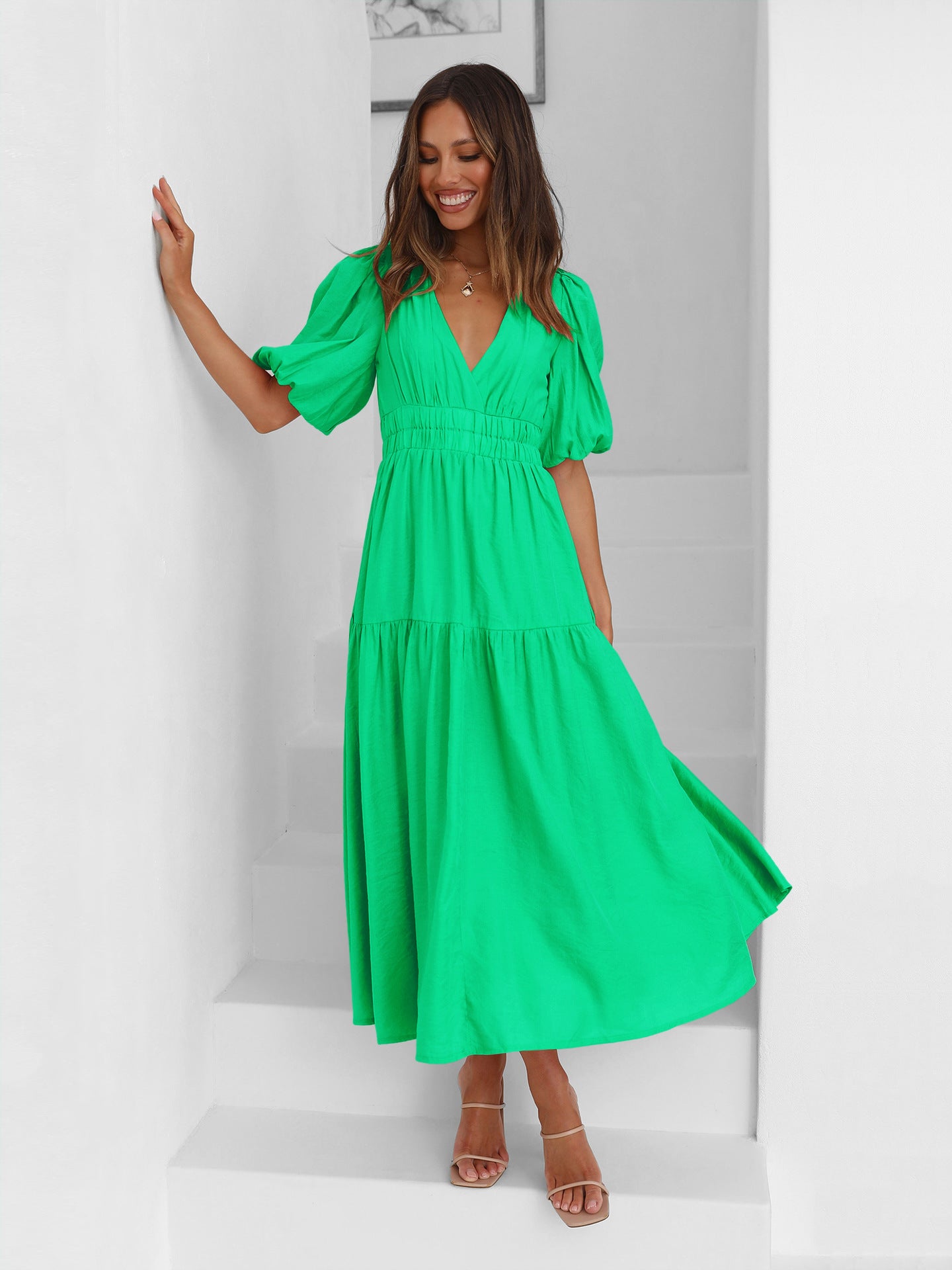 Women's Maxi Dress with V-Neck and Puff Sleeves Ivyshape