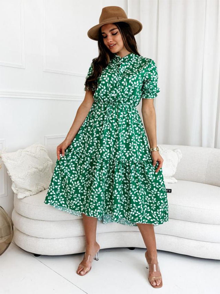 IvyShape | Short Sleeve Floral Printed Waist-Cinched Flared Maxi Dress