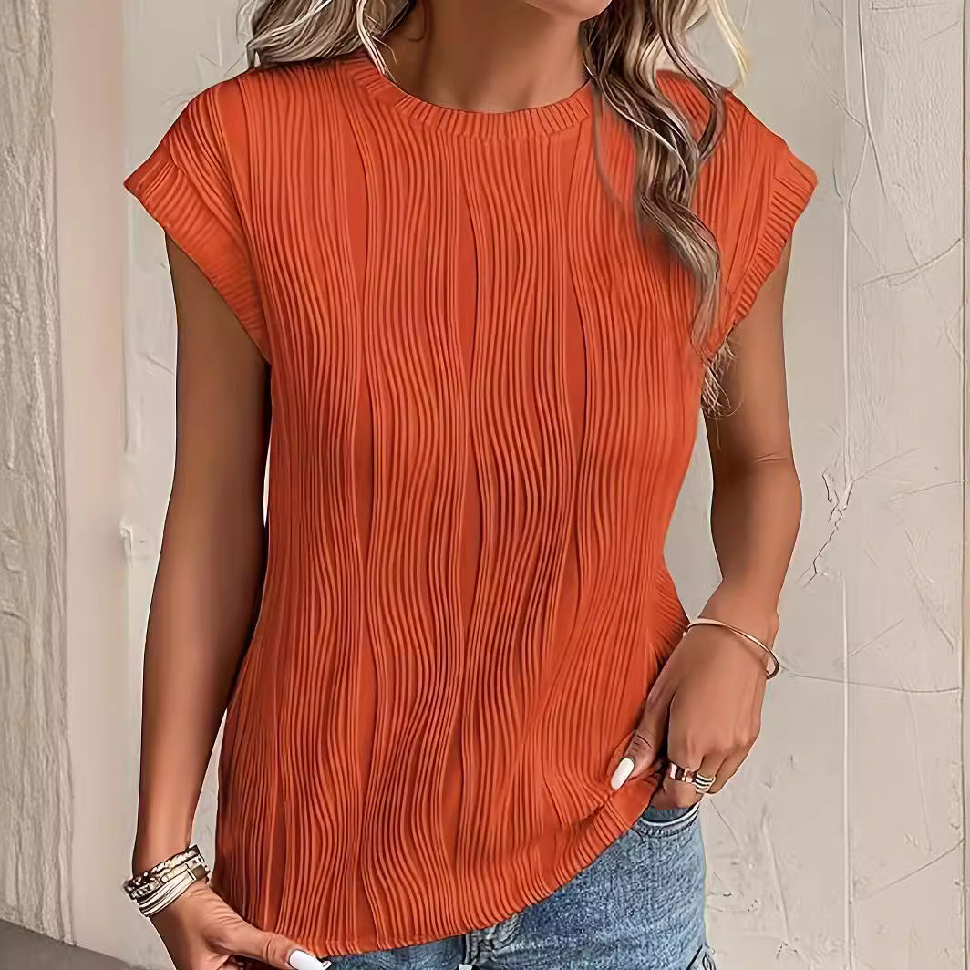 Ladies Pleated T-Shirt with Short Sleeves and High Round Neck Ivyshape