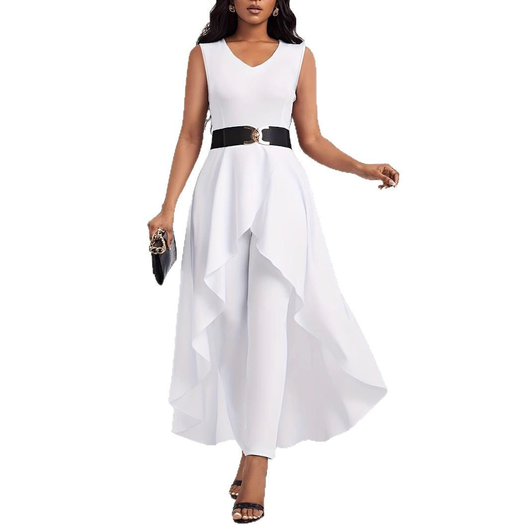 Ladies Elegant Jumpsuit with Asymmetrical Skirt and Deep V-Neck Ivyshape