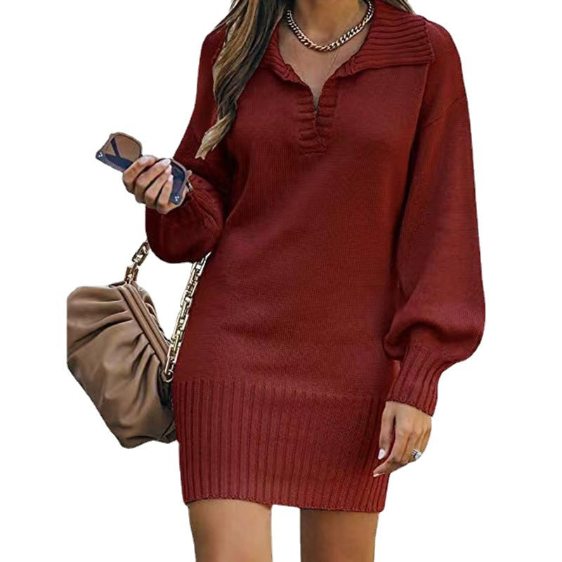 IvyShape | Stylish Mid-Length Lapel Lantern Sleeve Knitted Dress