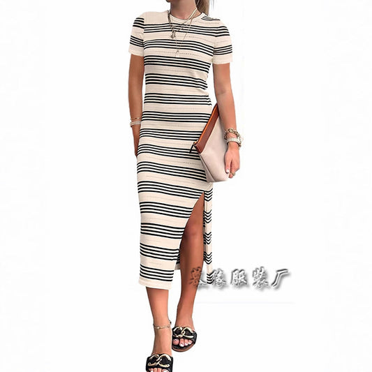 IvyShape | Mid-Length Short Sleeve Hollow Knit Side Slit Striped Dress