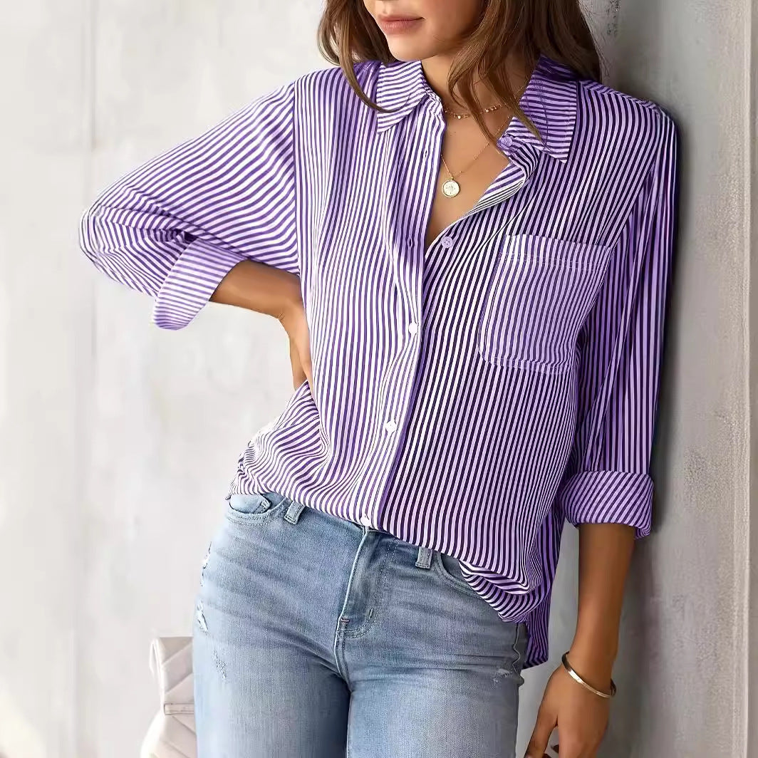 Women Casual Striped Blouse with Chest Pocket Ivyshape