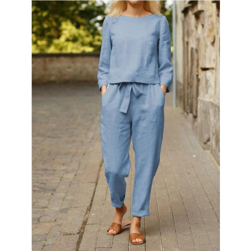 Women's Casual Linen Set with Elegant Top and Loose Pants Ivyshape