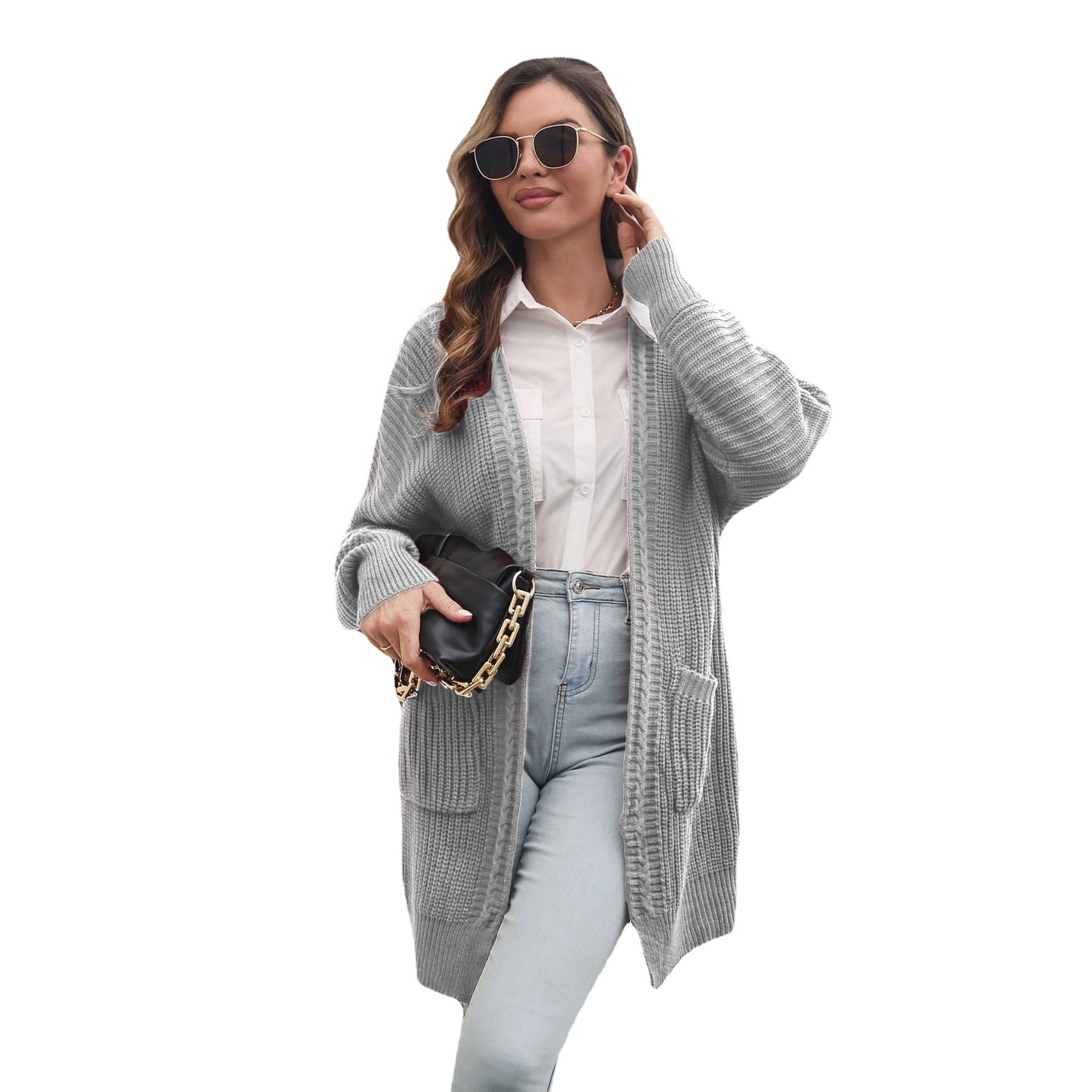 Women's Casual Cardigan with Deep V-neck and Practical Pockets Ivyshape