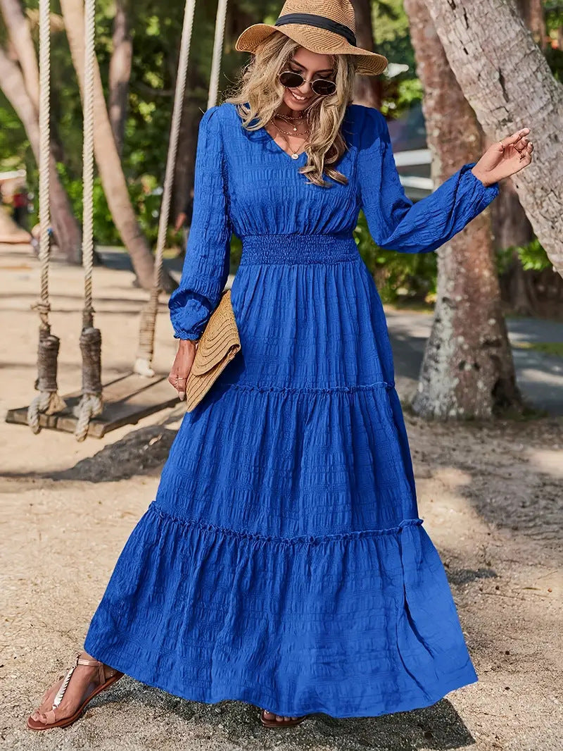 Women's maxi dress with swinging ruffle and smock-like waistband Ivyshape