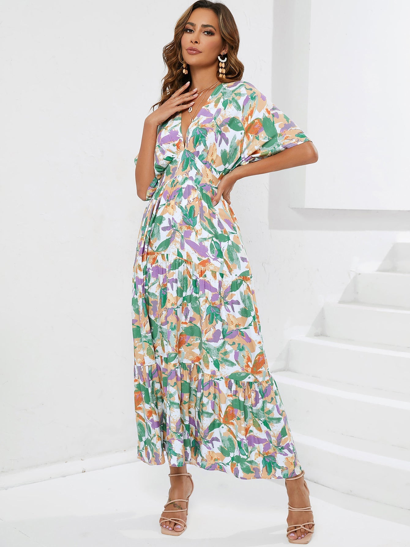 IvyShape | Waist-Cinched Tiered Seaside Beach Vacation Dress