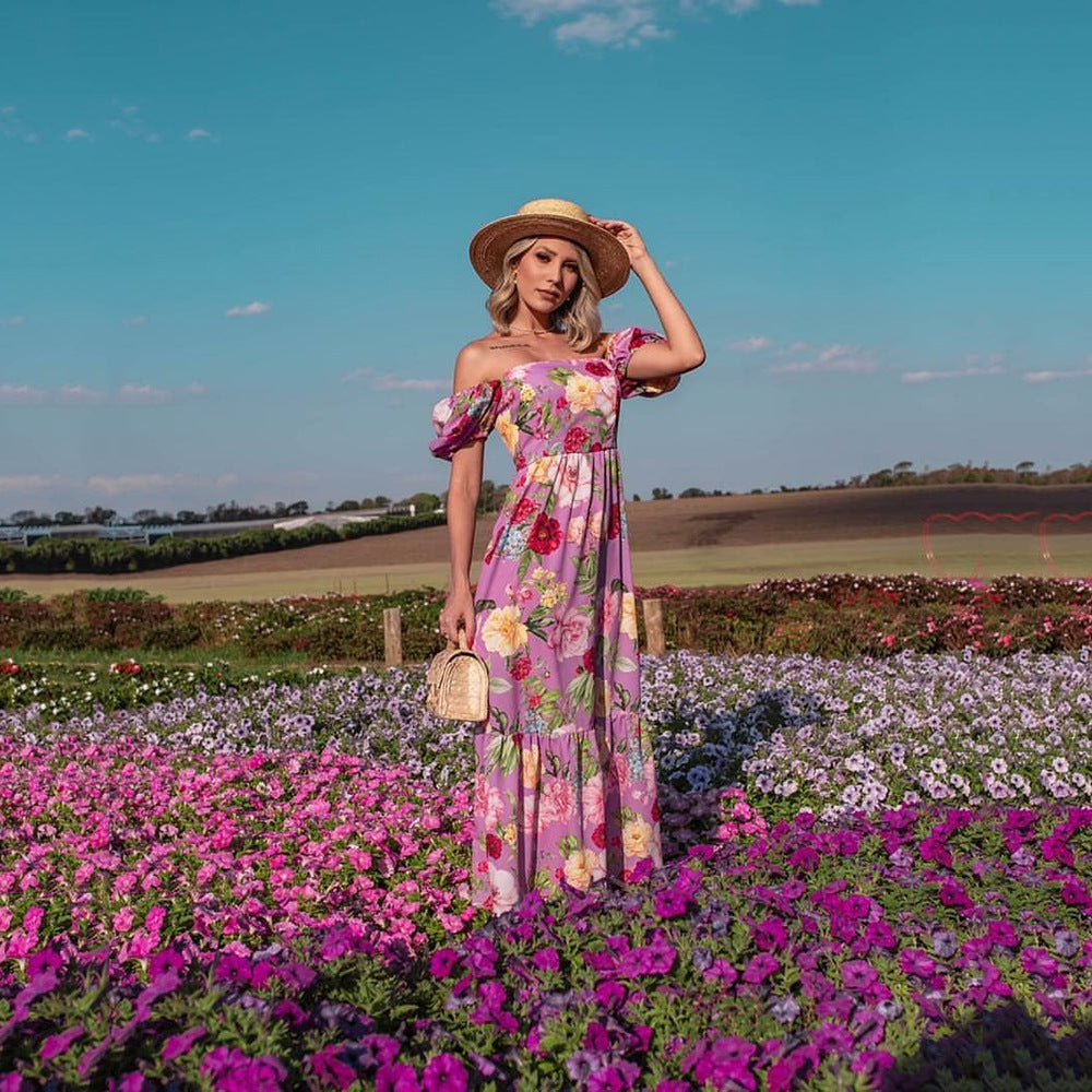 Women’s Floral Maxi Dress with Puff Sleeves and Shimmering Accents Ivyshape