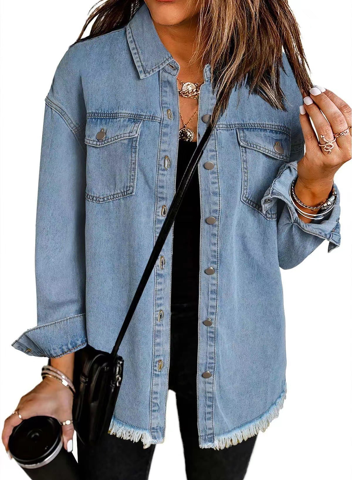 Women's Casual Denim Shirt with Frayed Hem and Practical Chest Pockets Ivyshape