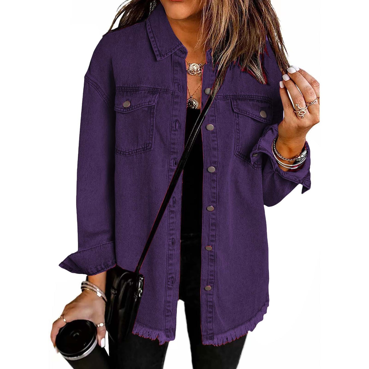 Women's Casual Denim Shirt with Frayed Hem and Practical Chest Pockets Ivyshape