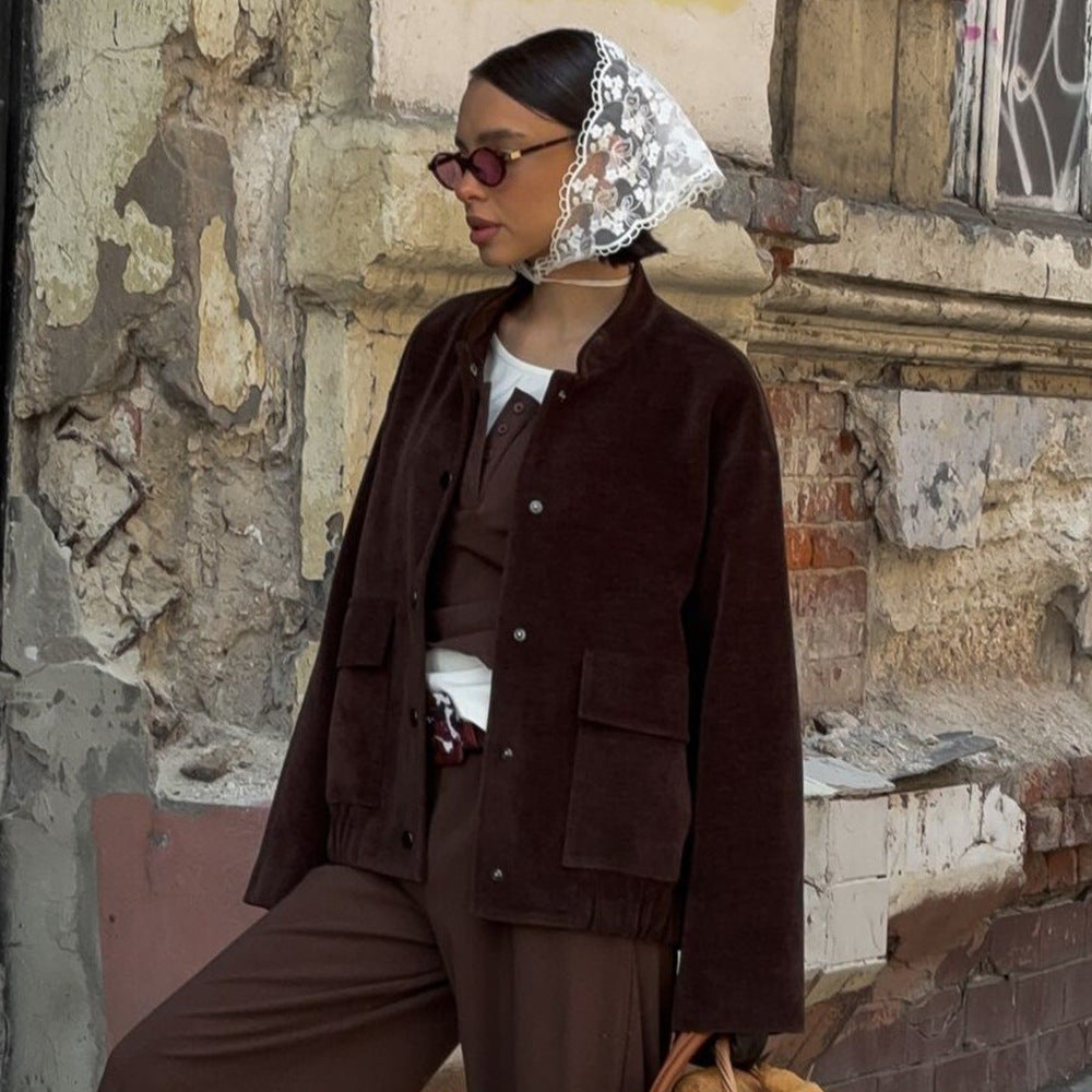 Women Fashionable Cord Jacket with Wide Collar and Patch Pockets Ivyshape