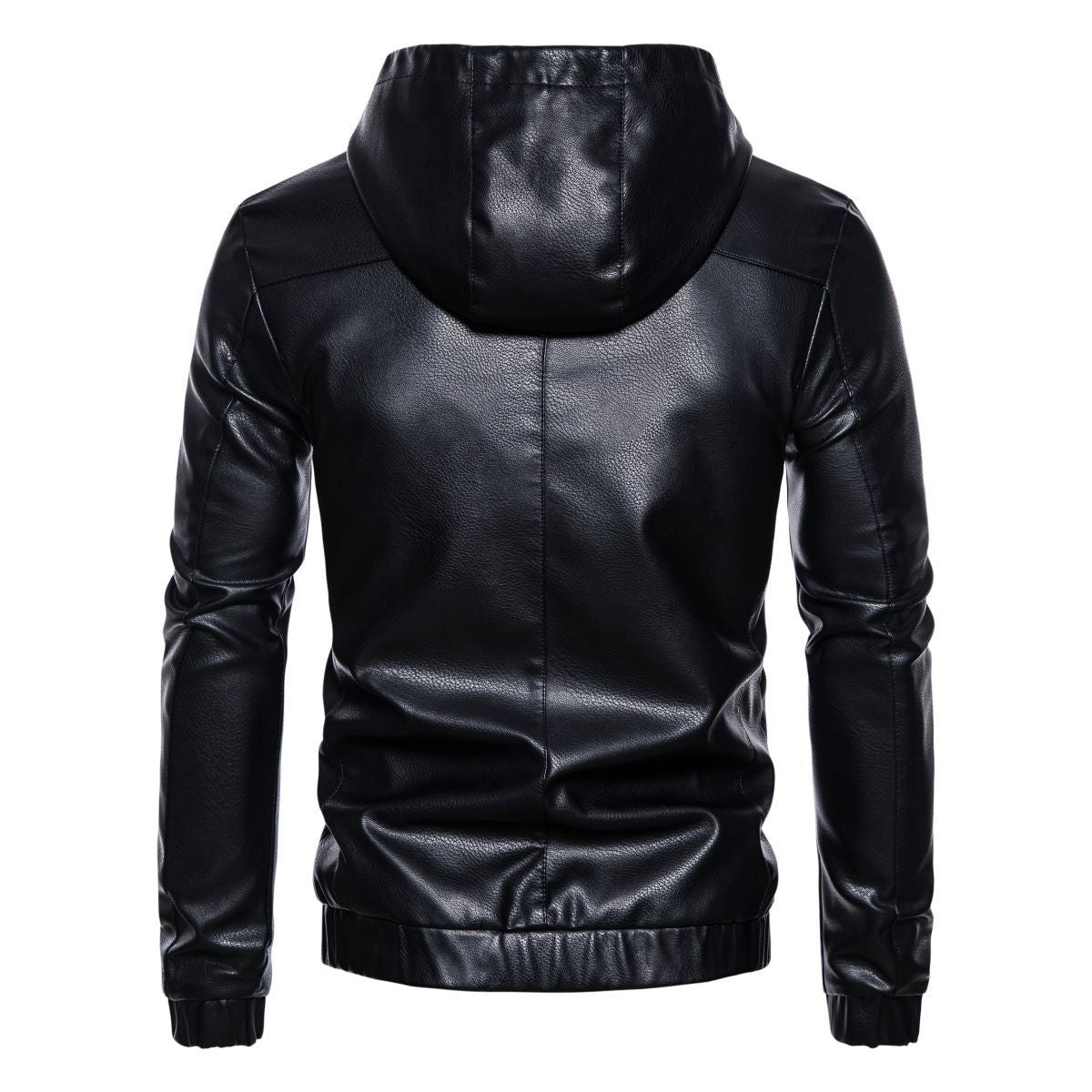 Men's synthetic leather jacket with practical hood design and sporty details Ivyshape