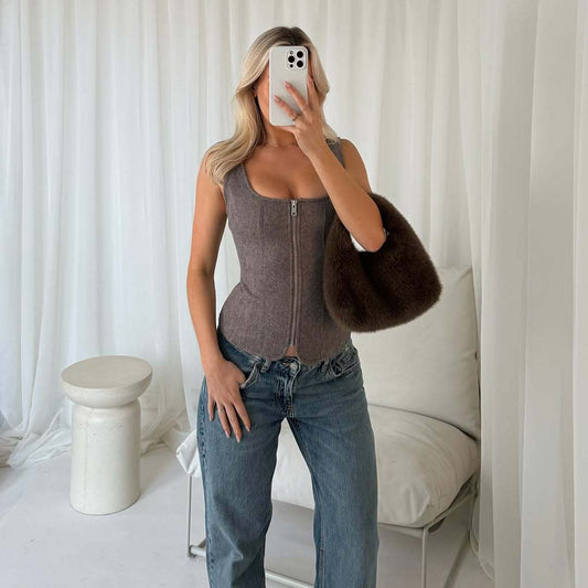 Women Figure-hugging Bustier Top with Elegant Zipper Ivyshape