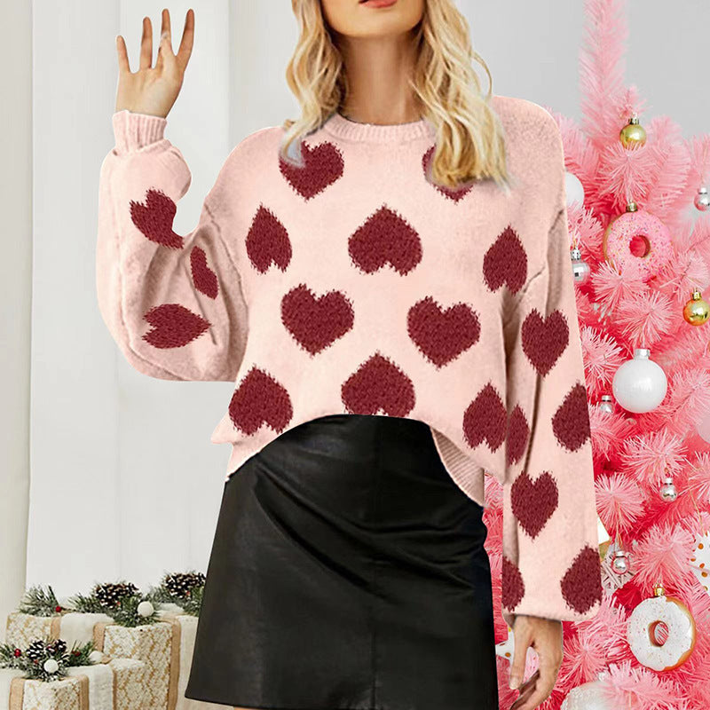 IvyShape | Puff sleeve heart jacquard pullover sweater