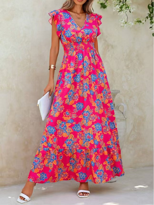 Ladies Summer Floral Maxi Dress with Ruffle Sleeves and Elastic Waistband Ivyshape