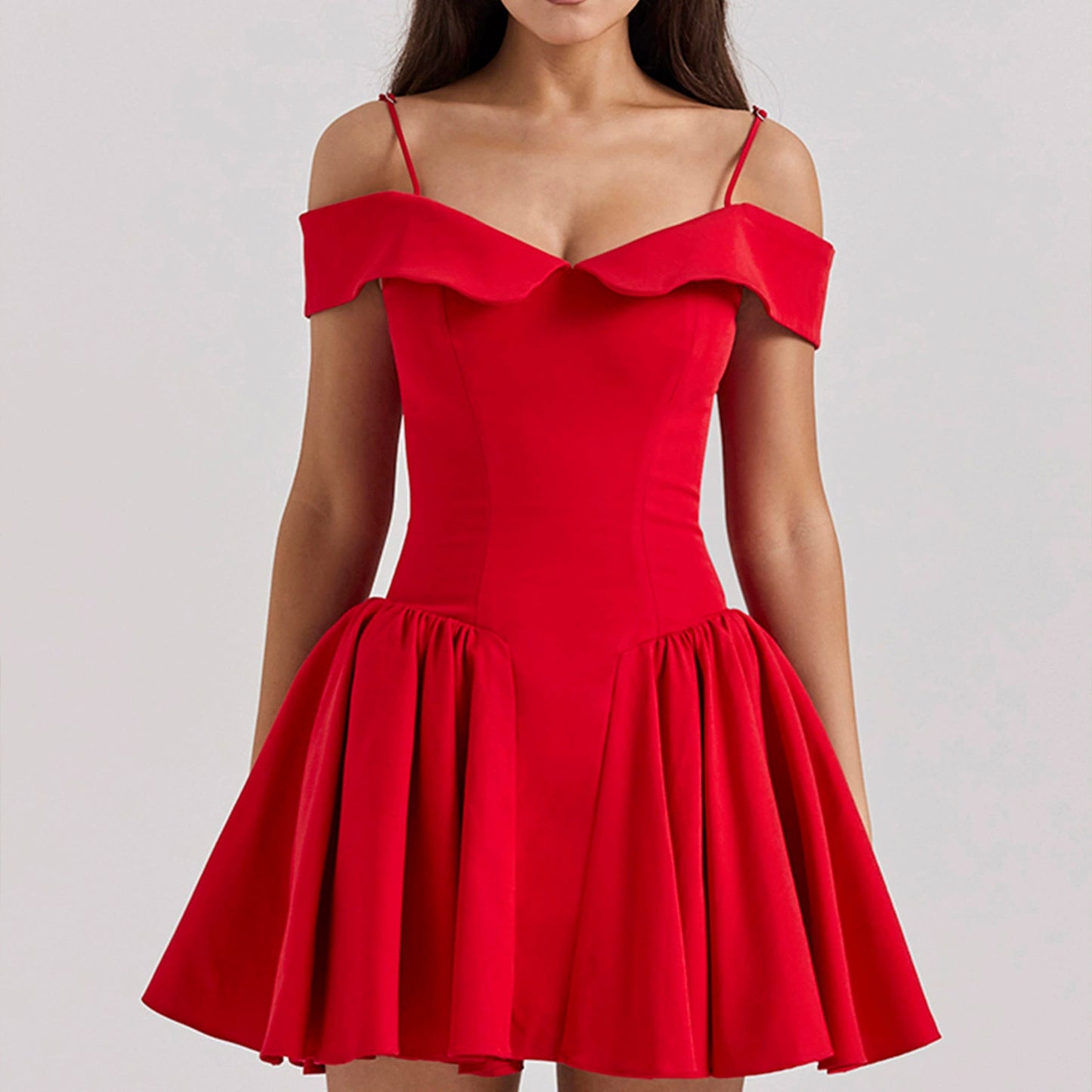 Women's Elegant Off-Shoulder Mini Dress with Voluminous Hem and Clever Pleats Ivyshape