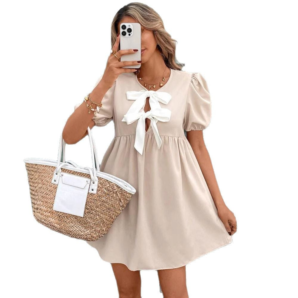 Ladies Summer Formal Dress with Bow Neckline and Puff Sleeves Ivyshape