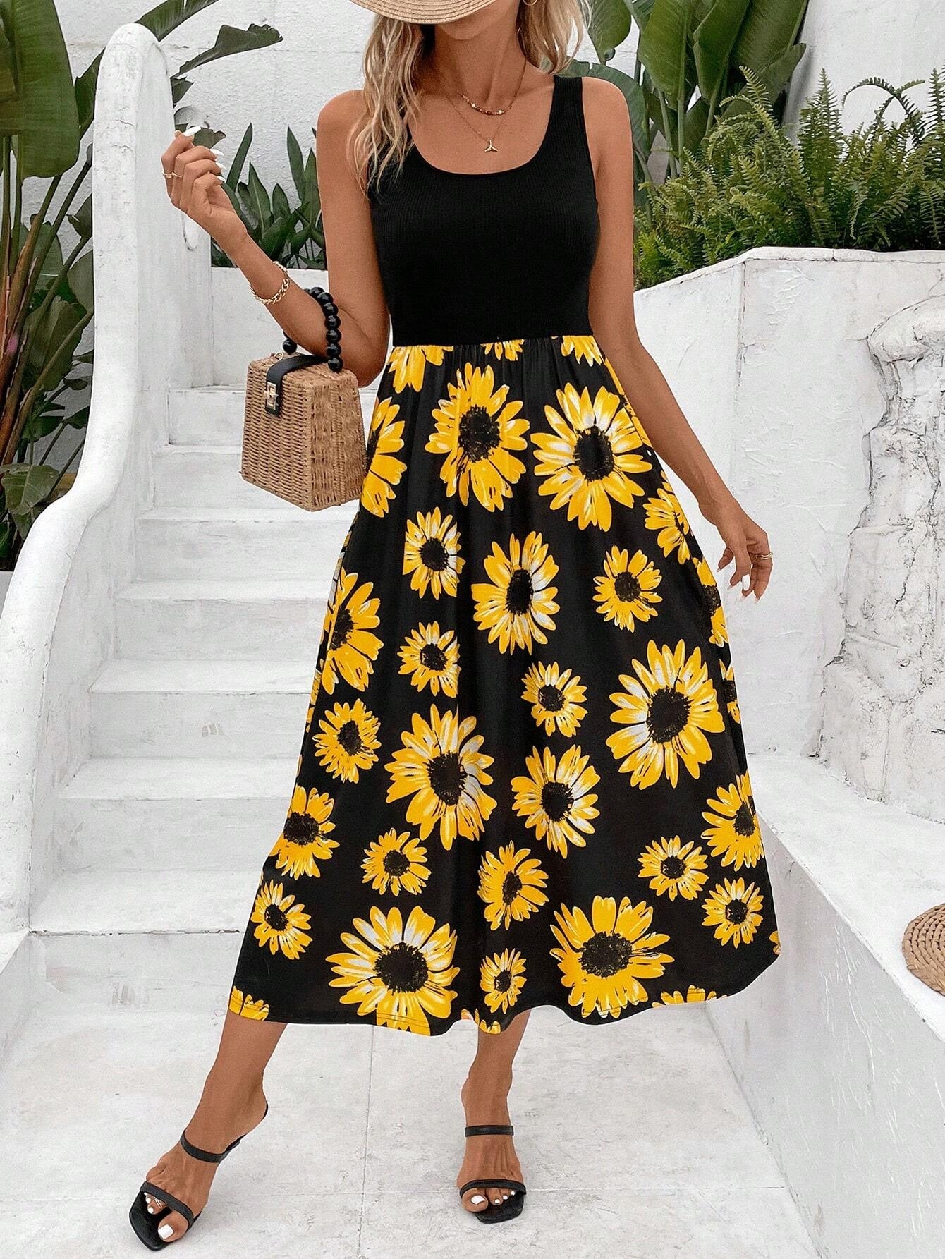 IvyShape | Elegant Patchwork Sunflower Print Dress