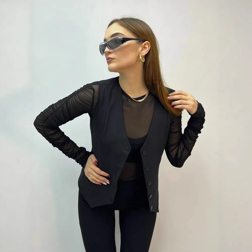 Women's fitted blazer with ruffle details and transparent sleeves Ivyshape