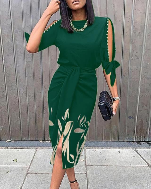 Elegant midi dress for women with stylish cut-out sleeves Ivyshape