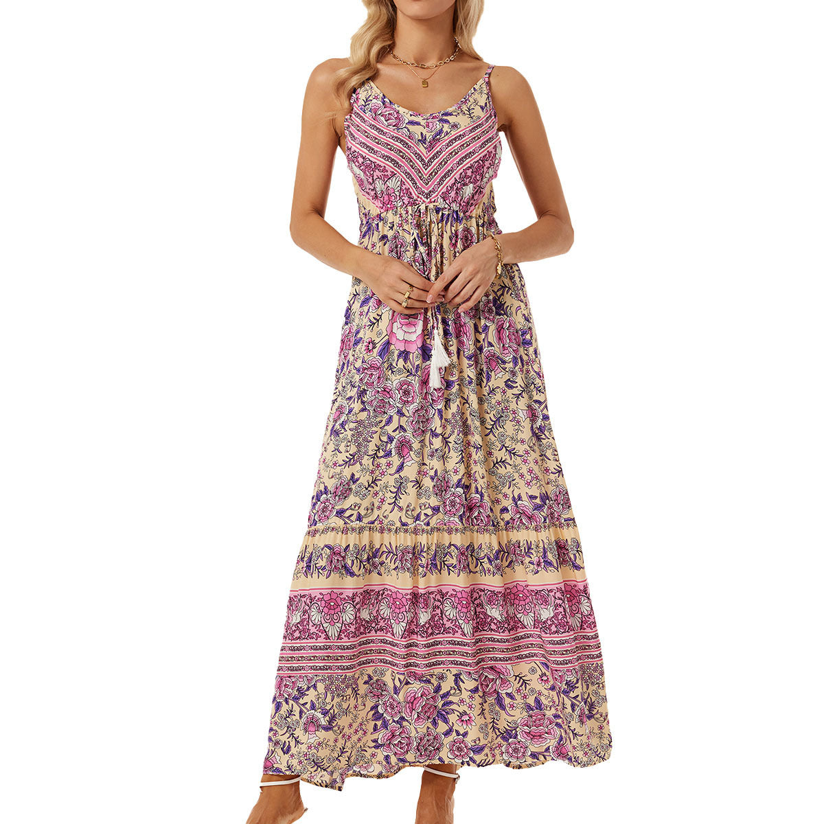 Women's Flower Bohemian Maxi Dress with Adjustable Strap Ivyshape