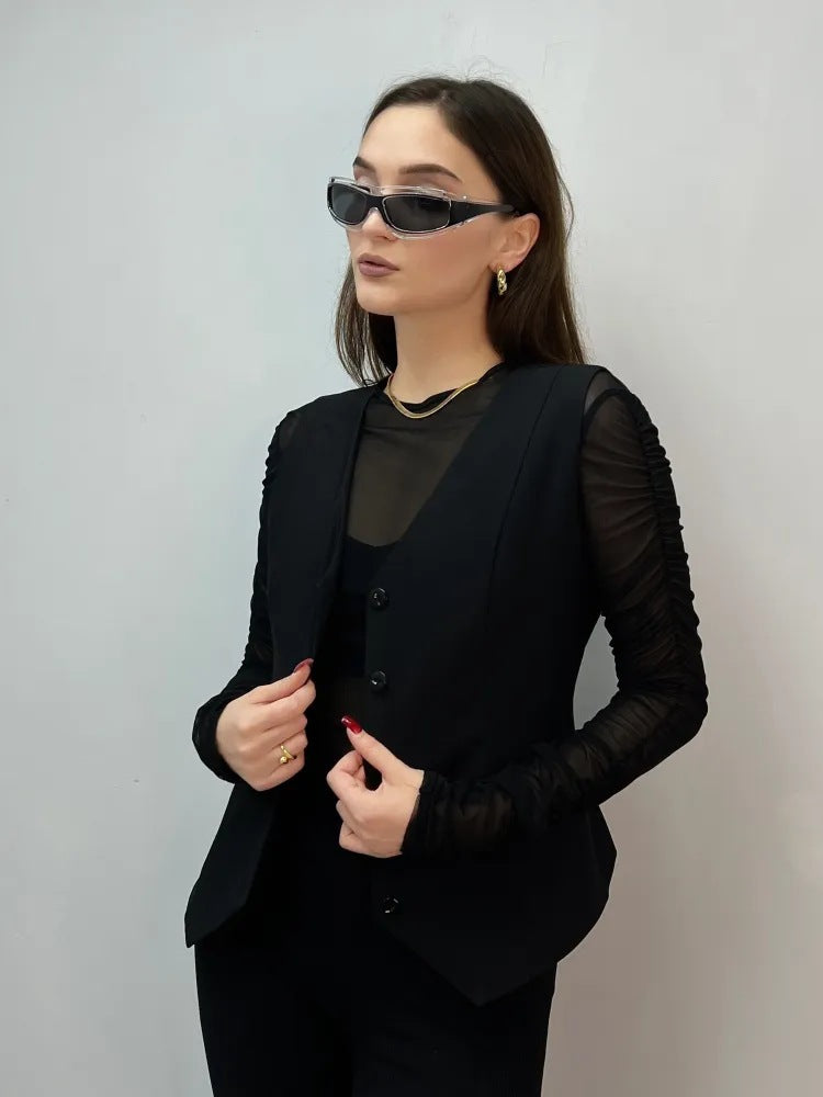 Women's fitted blazer with ruffle details and transparent sleeves Ivyshape