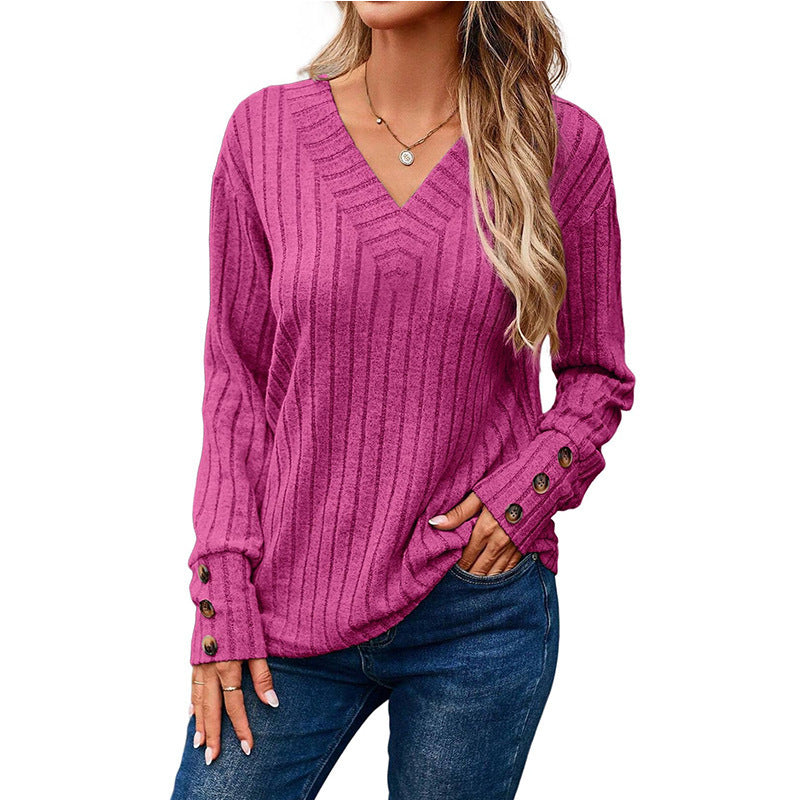 Women Elegant V-neck Knit Top with Button Details Ivyshape