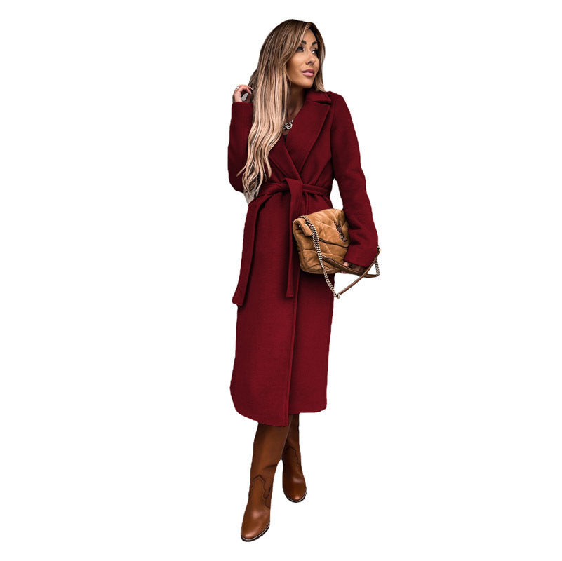 IvyShape | Solid Color Lapel Woolen Trench Coat