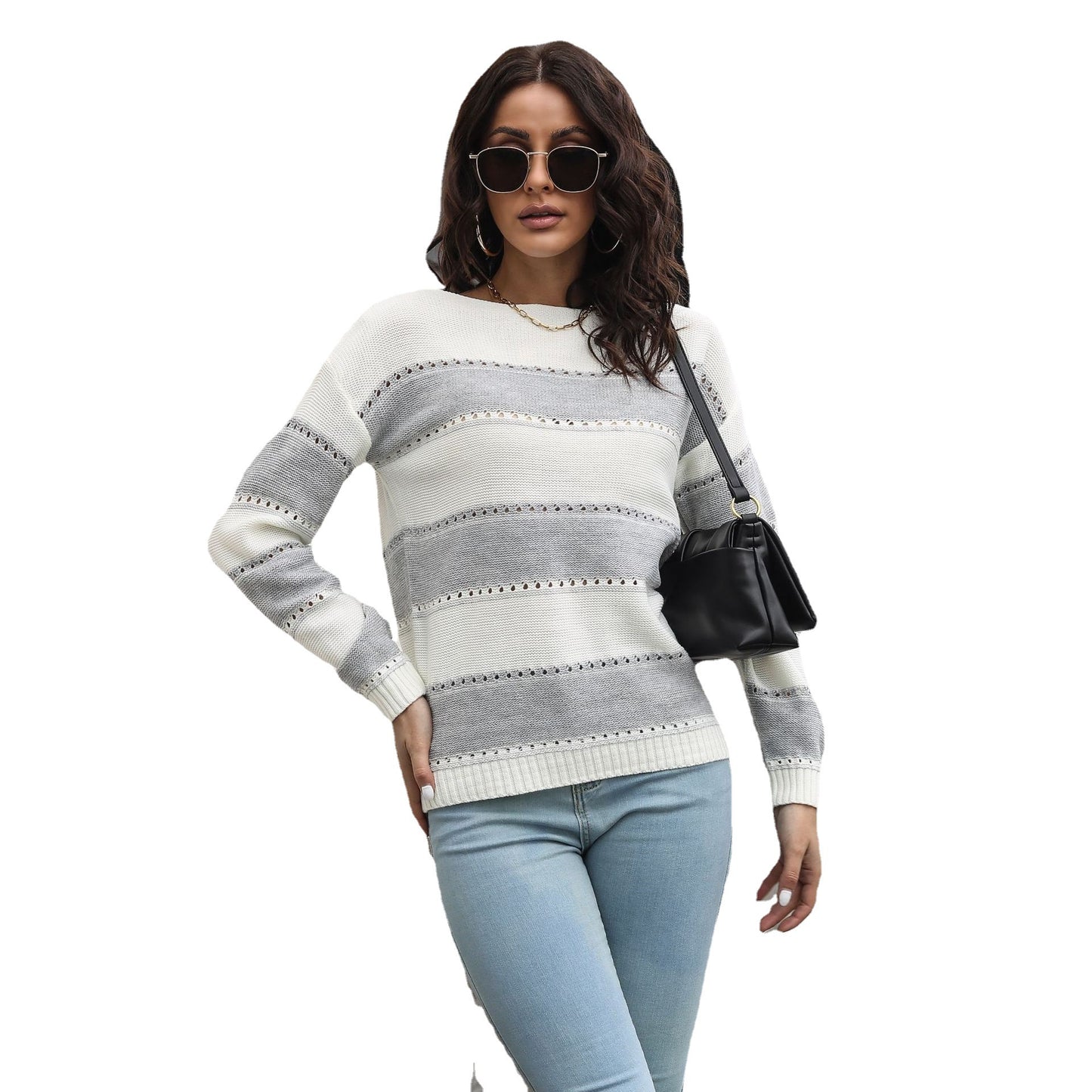 Women's casual sweater with modern lace pattern and stripe design Ivyshape