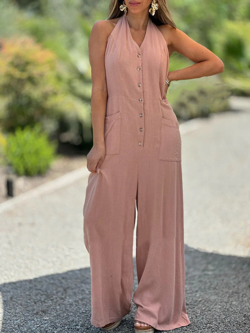 IvyShape | Backless Sleeveless Loose Cotton Linen Tie Jumpsuit