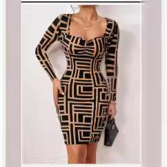 Women's Fitted Long Sleeve Dress with Geometric Pattern and Creative Neckline Ivyshape