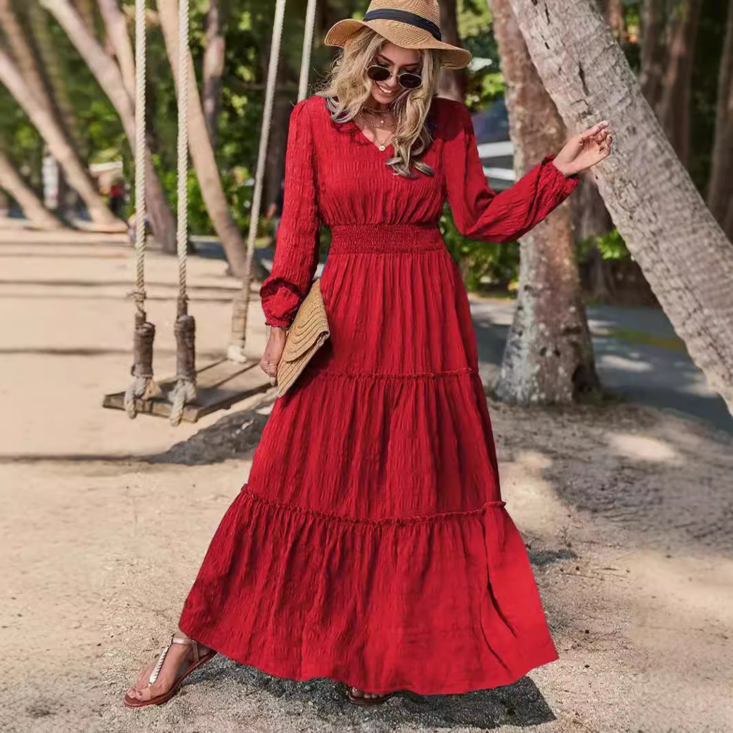 Women's maxi dress with swinging ruffle and smock-like waistband Ivyshape