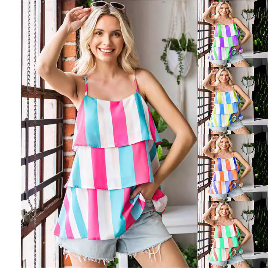 Women airy striped top with layered design Ivyshape