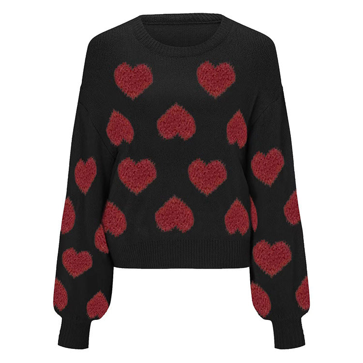 IvyShape | Puff sleeve heart jacquard pullover sweater