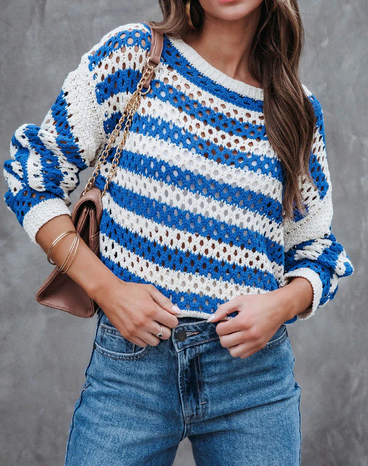 IvyShape | Loose Striped Hollow Knitted Sweater