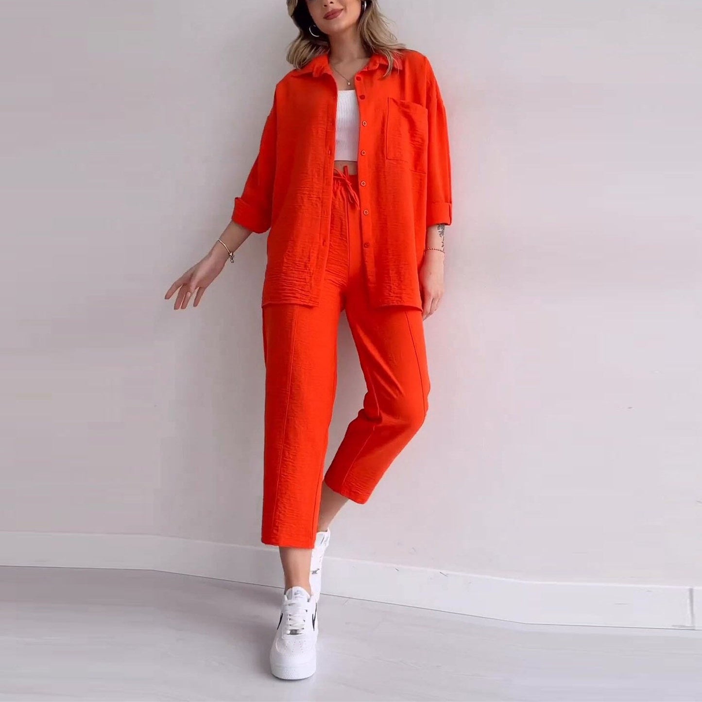 IvyShape | Tie Nine-Point Pants Long Sleeve Shirt Two-Piece Set