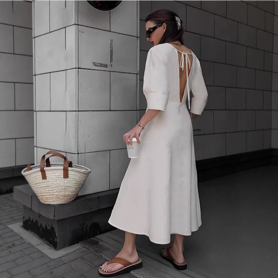 Women Loose Linen Button Dress Ivyshape