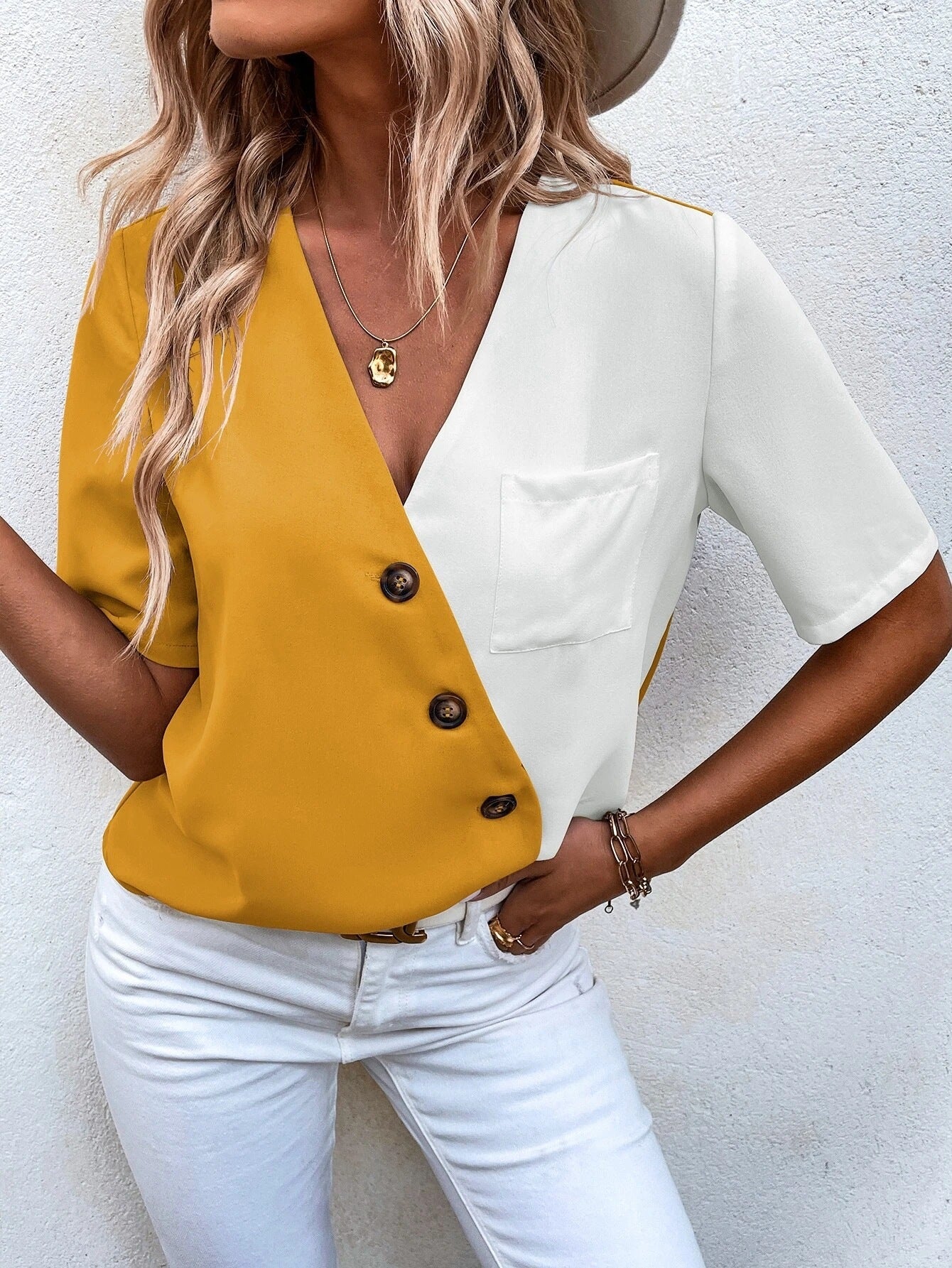 Women's Dual-Tone Button Blouse Ivyshape