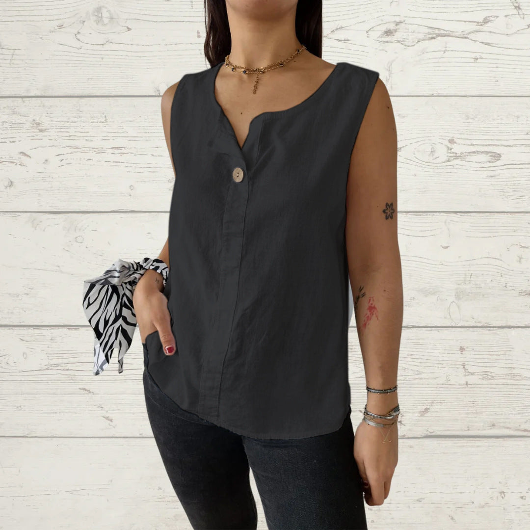 Women Light, Sleeveless Linen Blouse with Button Details Ivyshape
